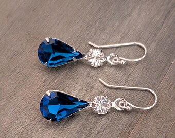 Vintage Style Sapphire Blue Earrings, Silver earrings, Victorian Jewelry