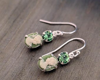Vintage Cameo Earrings: Peridot  crystal and Cameo,  Sterling Silver