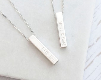 Sterling Silver Engraved Cubed Bar Necklace