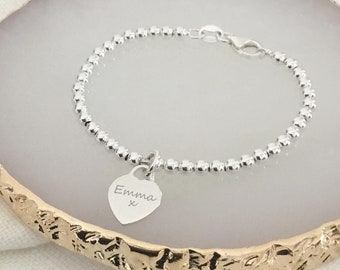 Sterling Silver Ball Bracelet with Clasp – Engraved Dainty Silver Heart Charm