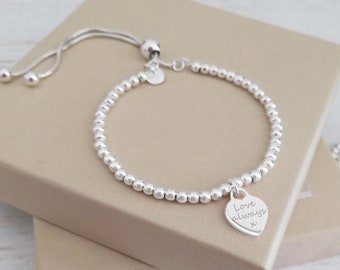 Sterling Silver Ball Slider Bracelet - Engraved Dainty Silver Heart Charm