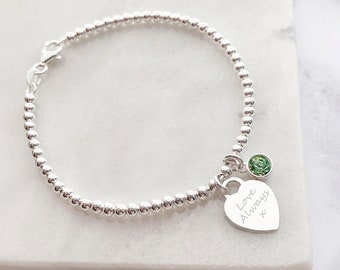 Sterling Silver Clasp Bracelet - With Engraved Heart & Birthstone Charm