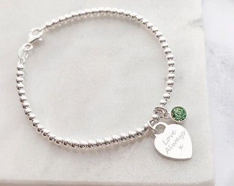 Bracelet à fermoir en argent sterling - avec breloque coeur gravé et pierre de naissance