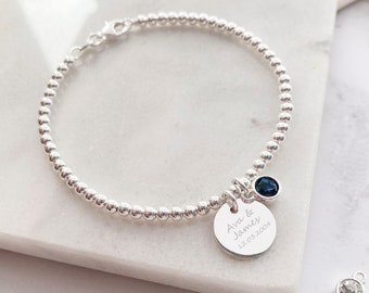 Sterling Silver Clasp Bracelet - With Engraved Disc & Birthstone Charm