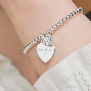 Sterling Silver Ball Slider Bracelet - With Engraved Heart & Birthstone Charm