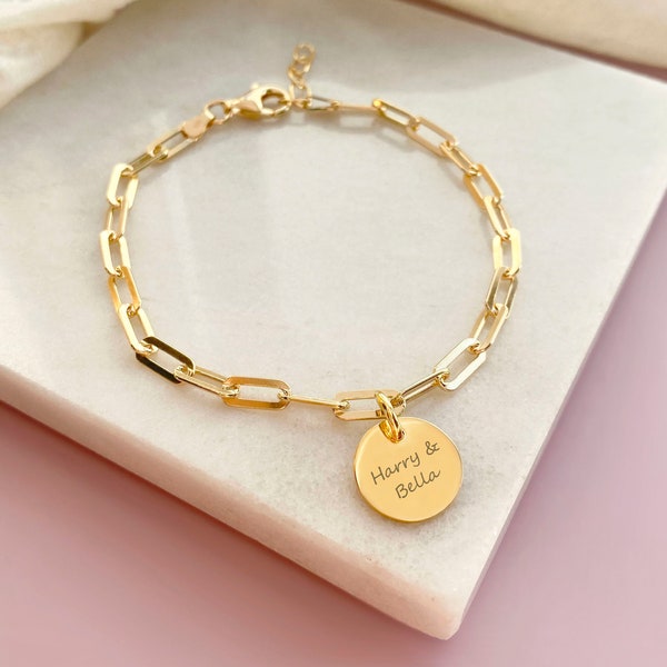 Yellow Gold Vermeil Paper Clip Bracelet - With Engraved Yellow Gold Disc Charm