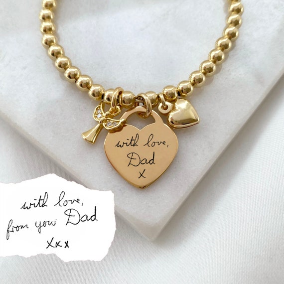 Yellow Gold Vermeil Handwriting Memorial Clasp Bracelet With Large Heart CZ Angel Charm Etsy Canada