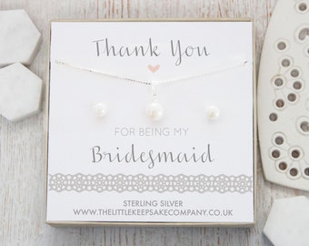 Sterling Silber & Perlen Geschenkset - 'Thank You For Being My Bridesmaid'