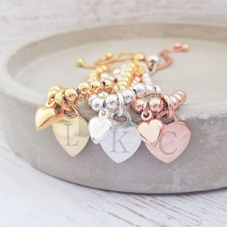 Rose Gold Vermeil Ball Slider Bracelet With Engraved Rose Gold Heart Charm