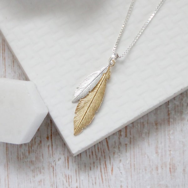 Collier Mini Duo Plumes - Mini Plumes Argent & Moyennes Or Jaune