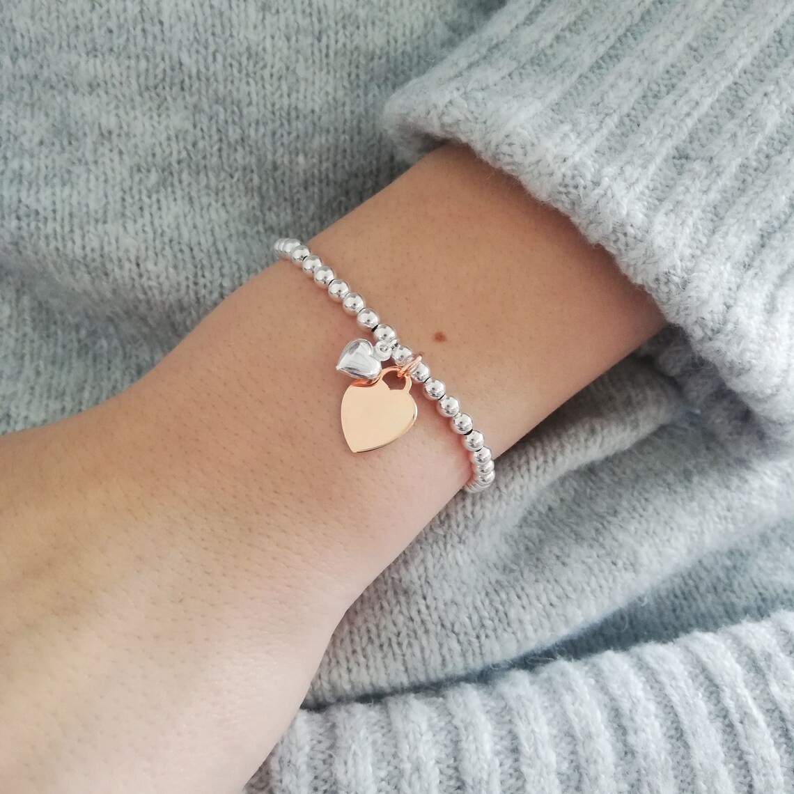 Sterling Silver Ball Slider Bracelet With Engraved Rose Gold Etsy UK