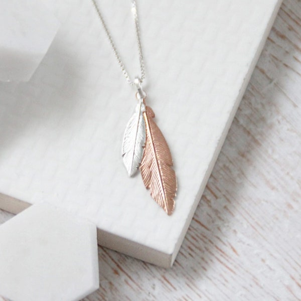 Mini Duo Feather Necklace - Mini Silver & Medium Rose Gold Feathers