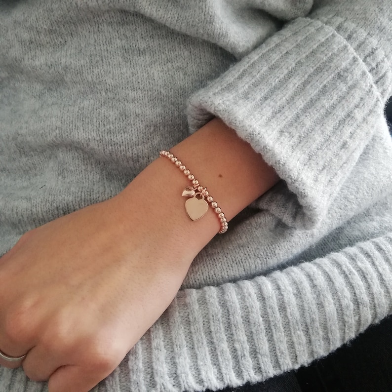 Rose Gold Vermeil Ball Slider Bracelet With Engraved Rose Gold Heart Charm