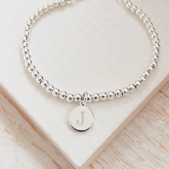 Sterling Silver Ball Slider Bracelet Silver Initial Disc Etsy