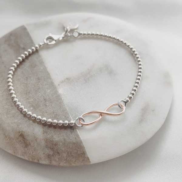 Sterling Silver & Rose Gold Vermeil Infinity Clasp Bracelet  – Initial Disc