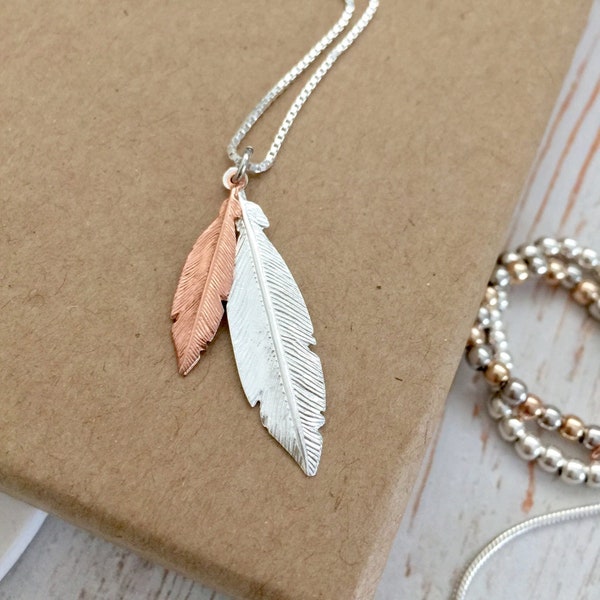 Mini Duo Feather Necklace - Mini Rose Gold & Medium Silver Feathers