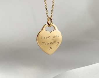 May include: Gold heart-shaped pendant necklace with a handwritten message that reads "love you Mummy x".