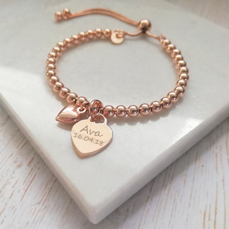 Rose Gold Vermeil Ball Slider Bracelet With Engraved Rose Gold Heart Charm