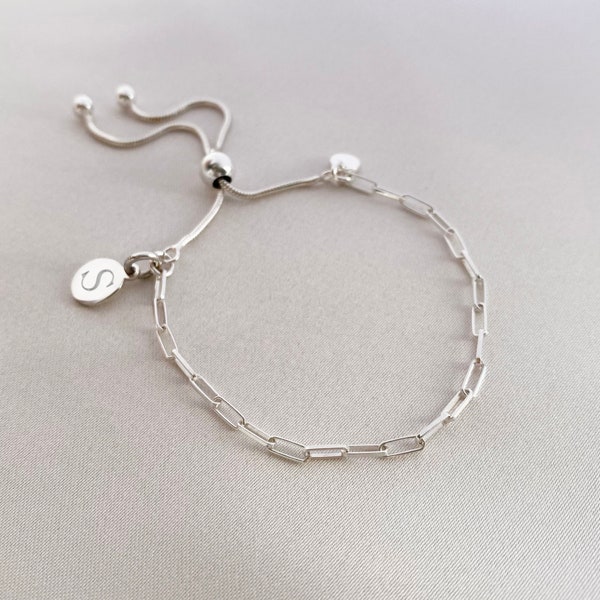 Sterling Silver Paper Clip Slider Bracelet - Silver Initial Disc