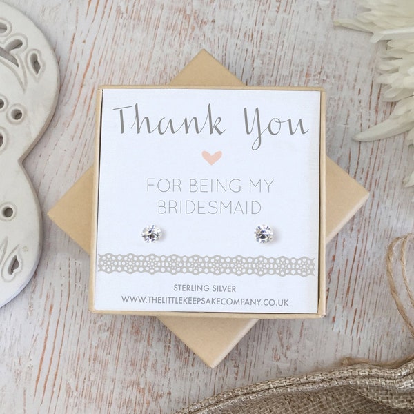 Sterling Silver & CZ Wedding Earrings - 'Thank You For Being My Bridesmaid'