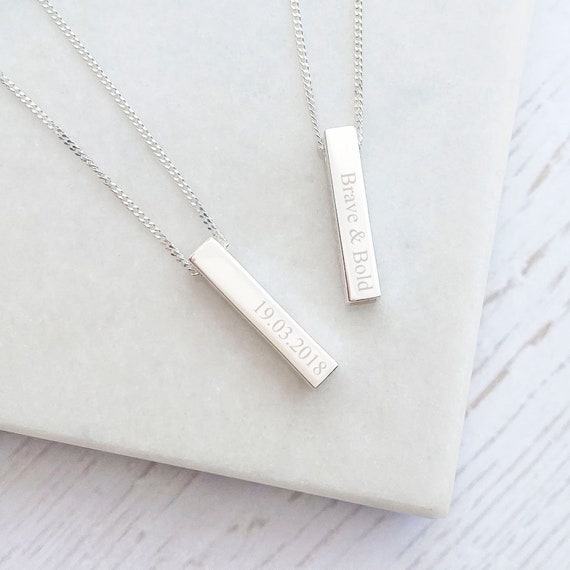 Buy Sterling Silver Bar Necklace, Custom Engraved Necklace, Silver  Nameplate Bar, Name Wedding Date Roman Numerals Necklace Coordinates, 30x5  Online in India - Etsy