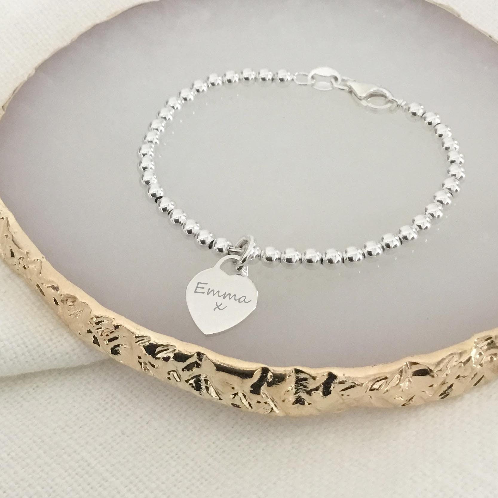 Sterling Silver Sphere Engraved Charm Bracelet