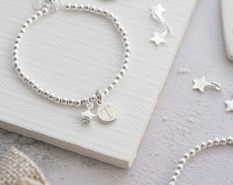 Sterling Silver Ball Slider Bracelet - Silver Star With Engraved Initial Disc