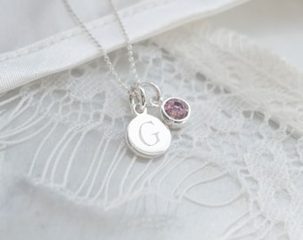 Sterling Silver Engraved Initial Disc Necklace - With Birthstone Charm