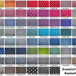 May include: A chart of fabric swatches with different colors and patterns. The swatches are labeled with names like "Punkte Gelb", "Tuffen Orange", "Karo Rot", and "Sterne Rot". The chart is titled "Grundstoffe Baumwolle".