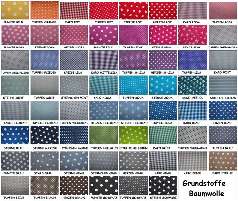 May include: A chart of fabric swatches with different colors and patterns. The swatches are labeled with names like "Punkte Gelb", "Tuffen Orange", "Karo Rot", and "Sterne Rot". The chart is titled "Grundstoffe Baumwolle".