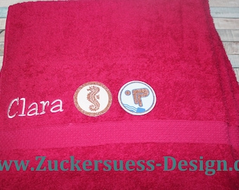 Bath towel with embroidery and swimming badges