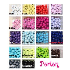 May include: Assortment of wooden beads in various colors, including white, yellow, red, pink, light pink, purple, light blue, blue, dark blue, turquoise, light green, green, brown, gray, and black. The beads are arranged in a grid pattern with the color name written below each group of beads. The text "Perlen" is written in pink cursive at the bottom of the image.