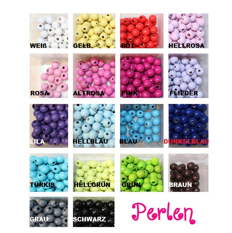 May include: Assortment of wooden beads in various colors, including white, yellow, red, pink, light pink, purple, light blue, blue, dark blue, turquoise, light green, green, brown, gray, and black. The beads are arranged in a grid pattern with the color name written below each group of beads. The text "Perlen" is written in pink cursive at the bottom of the image.