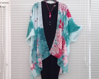 Turquoise Fuchsia Pink Flowers Kimono Cardigan, Caftan, Overdress, Free size, Cardigan Kimono, Free size