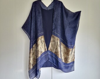 Navy Blue Gold Silk Kimono Cardigan, Luxury Kimono, Free size, Limited edition.