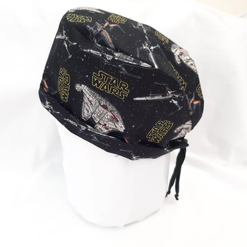 Scrub Cap Star wars black Galaxy, Millennium Falcon, Surgical Cap with toggle, Cotton, Vets, Theatre, Doctor, Nurse, Chef, Chemo cap image 2