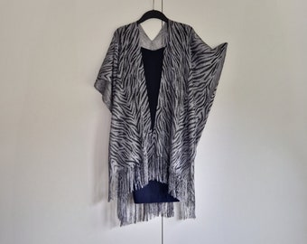 Silver sparkle zebra tiger print with Fringe Kimono Cardigan, Jacket Kaftan, Caftan, Duster Jacket Overdress, Free size -LIMITED EDITION-