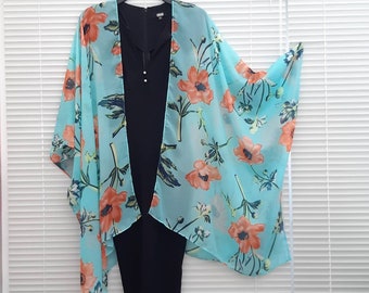 Turquoise Poppy Floral Kimono Plus size Jacket Kaftan, Caftan, Duster Jacket Overdress, Plus size, Cardigan -LIMITED EDITION-