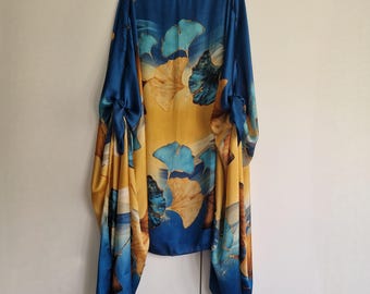 Turquoise & Gold Ginko Leaf Kaftan: Versatile Beach Cover-Up Dress
