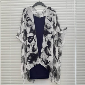 Black and White Leaves Leaf Kimono Cardigan, Kaftan Caftan, Overdress, Free size, Kimono Jacket silk chiffon -LIMITED EDITION-