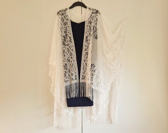 White Lace Floral Fringe Kimono Cardigan, Jacket Kaftan, Caftan, Duster Jacket Overdress, Free size, Cardigan -LIMITED EDITION-