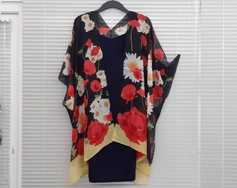 Daisy and Poppy Black Floral Kimono Jacket Kaftan, Caftan, Duster Jacket Overdress, Free size, Cardigan -LIMITED EDITION-