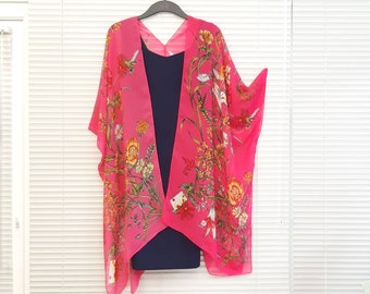 Fuchsia Pink Floral Kimono Cardigan, Kaftan Caftan, Overdress, Free size, Kimono Jacket -LIMITED EDITION-