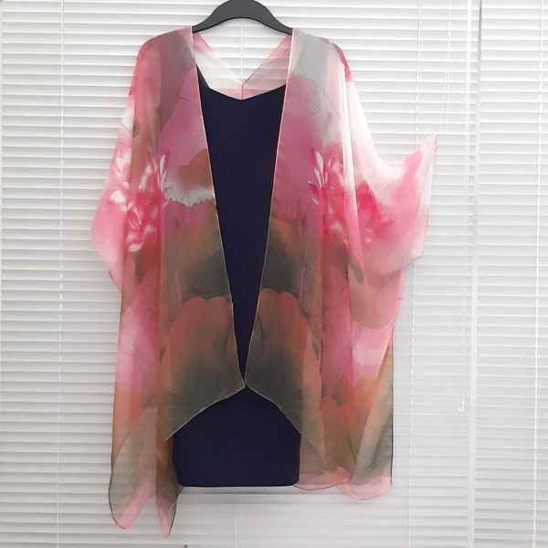 Lotus Water Lilly Kimono Cardigan, Kaftan, Overdress, Free size, Kimono Jacket silky chiffon Pink Green -LIMITED EDITION-