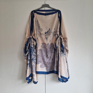 Champán y azul francés, borde azul marino, caftán y vestido, para usar de día o de noche, para cubrir la playa, talla única