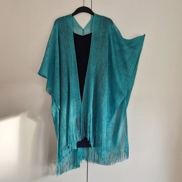 Turquoise with Fringe Kimono Cardigan, Jacket Kaftan, Caftan, Duster Jacket Overdress, Free size, Cardigan -LIMITED EDITION-