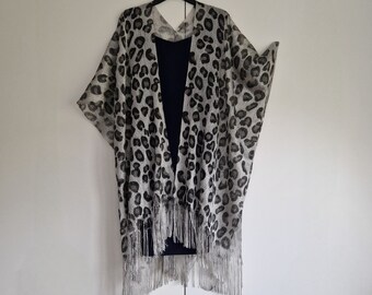 Silver Grey Snow Large Leopard print with Fringe Kimono Cardigan, Kaftan, Caftan, Duster Jacket Overdress, Free size -LIMITED EDITION-