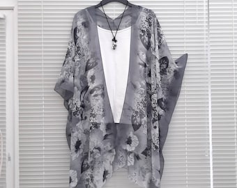 Grey Floral Kimono Cardigan, Jacket Kaftan, Caftan, Duster Jacket Overdress, Free size, Cardigan -LIMITED EDITION-