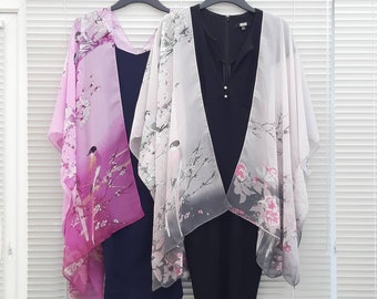 Cherry Blossom Birds Kimono Cardigan, Kaftan Caftan, Overdress, Free size, Kimono Jacket  -LIMITED EDITION- lilac or grey