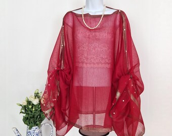 Red & Gold Kaftan Dress with Pearl Trim: Free Size Bridal Cover-Up